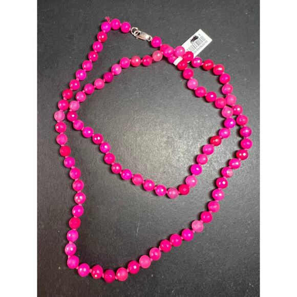 NEW fuchsia pink agate 36 inch knotted bead necklace with sterling silver clasp - Picture 1 of 13